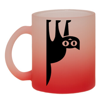 Cat upside down, Κούπα γυάλινη δίχρωμη με βάση το κόκκινο ματ, 330ml