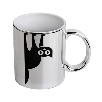 Cat upside down, Mug ceramic, silver mirror, 330ml