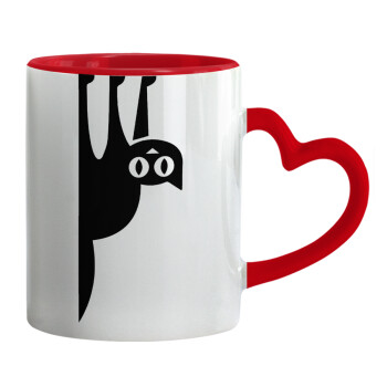 Cat upside down, Mug heart red handle, ceramic, 330ml