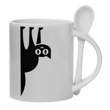 Cat upside down, Ceramic coffee mug with Spoon, 330ml (1pcs)