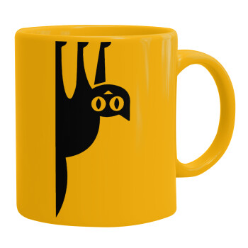 Cat upside down, Ceramic coffee mug yellow, 330ml (1pcs)