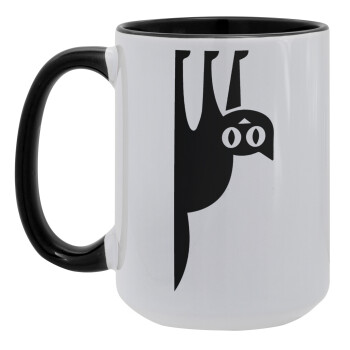 Cat upside down, Κούπα Mega 15oz, κεραμική Μαύρη, 450ml