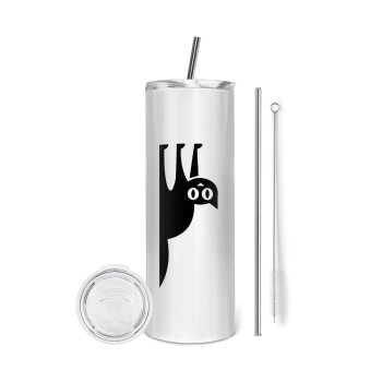Cat upside down, Eco friendly stainless steel tumbler 600ml, with metal straw & cleaning brush