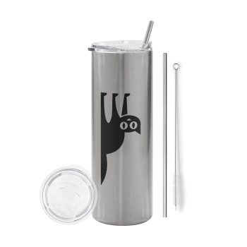 Cat upside down, Eco friendly stainless steel Silver tumbler 600ml, with metal straw & cleaning brush