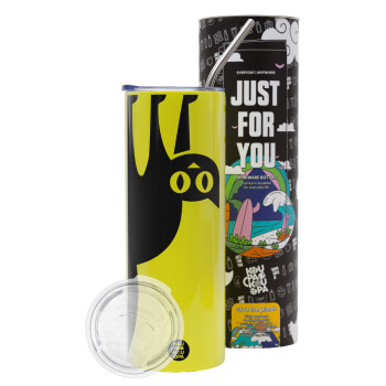 Cat upside down, Neon Yellow Travel Tumbler, with metal straw (Stainless steel 304 Food grade, BPA free, 600ml)
