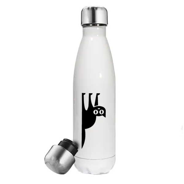 Cat upside down — Μεταλλικό παγούρι θερμός Λευκό (Stainless steel), διπλού τοιχώματος, 500ml