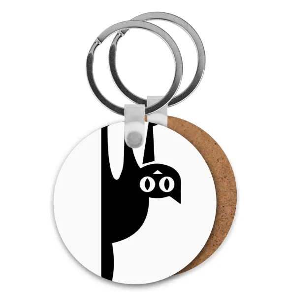 Cat upside down — Round wooden MDF keychain, Ø5cm