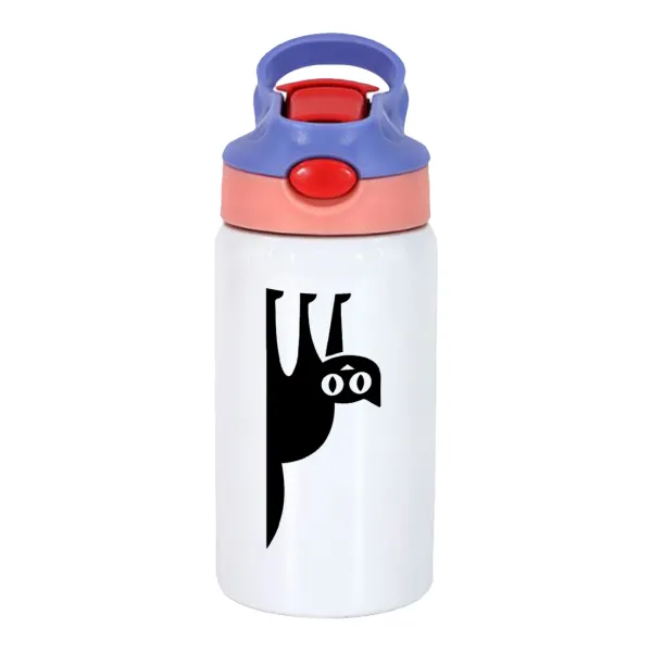 Cat upside down — Children's hot water bottle, stainless steel, with safety straw, pink/purple (350ml)