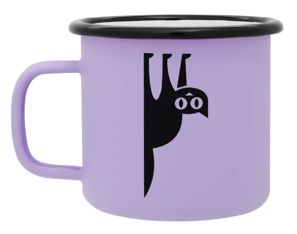 Cat upside down — Metal enamel mug, matte light pastel purple, 360ml
