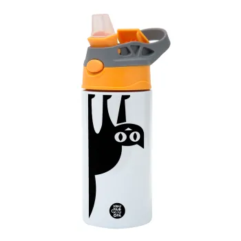 Cat upside down, Children's hot water bottle, stainless steel, with safety straw, Orange/Grey (360ml) BPA-FREE