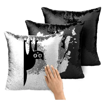 Cat upside down, Μαξιλάρι καναπέ Μαγικό Μαύρο με πούλιες 40x40cm περιέχεται το γέμισμα