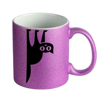 Cat upside down, Κούπα Μωβ Glitter που γυαλίζει, κεραμική, 330ml