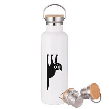 Cat upside down, Stainless steel White with wooden lid (bamboo), double wall, 750ml