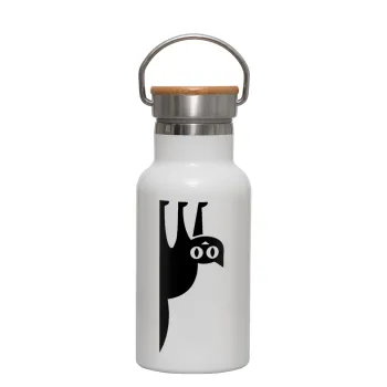 Cat upside down, Metallic thermos (Stainless steel) White with wooden lid (bamboo), double-walled, 350ml