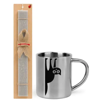 Cat upside down, Easter Set, metallic thermal cup (300ml) & Easter aromatic flat candle (30cm) (GRAY)