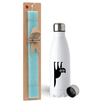 Cat upside down, Easter Set, metallic stainless steel water bottle (750ml) & aromatic flat Easter candle (30cm) (TURQUOISE)