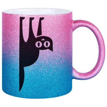 Cat upside down, Κούπα Χρυσή/Μπλε Glitter, κεραμική, 330ml