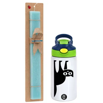 Cat upside down, Easter Set, Children's thermal stainless steel bottle with safety straw, green/blue (350ml) & aromatic flat Easter candle (30cm) (TURQUOISE)