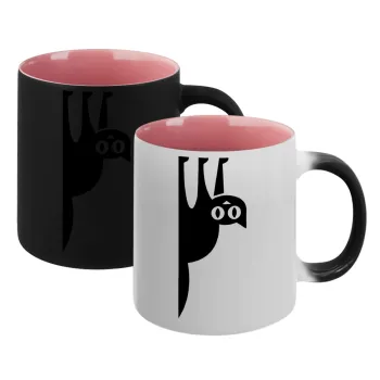 Cat upside down, Κούπα Μαγική εσωτερικό ΡΟΖ, κεραμική 330ml που αλλάζει χρώμα με το ζεστό ρόφημα