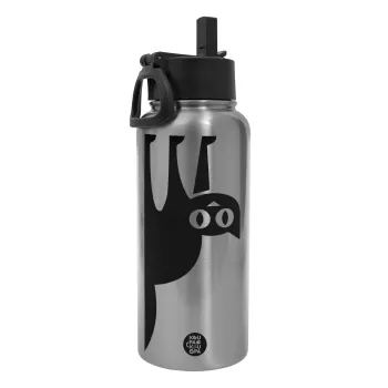 Cat upside down, Μεταλλικό παγούρι θερμός Silver με καλαμάκι και χερούλι (Stainless steel), διπλού τοιχώματος, 950ml