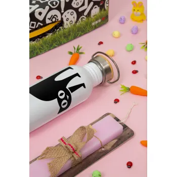 Cat upside down, Πασχαλινή Λαμπάδα με παγούρι μεταλλικό (620ml, stainless steel) & κερί αρωματικό πλακέ (30cm) (ΡΟΖ)