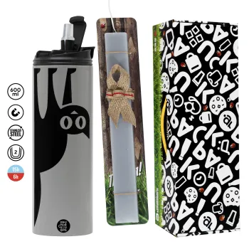 Cat upside down, Πασχαλινή Λαμπάδα με Travel Tumbler θερμό (600ml, BPA free) & κερί αρωματικό πλακέ (30cm) (ΓΚΡΙ)