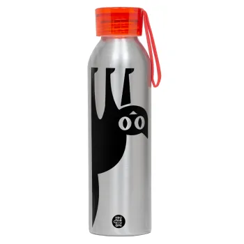 Cat upside down, Aluminum Sports Bottle 650ml – Silver with Red Cap and Silicone Strap