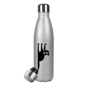 Cat upside down, Metallic Glitter Silver Thermos Flask (Stainless steel), double-walled, 500ml