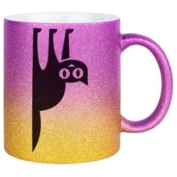 Cat upside down, Κούπα Χρυσή/Ροζ Glitter, κεραμική, 330ml
