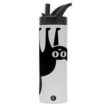 Cat upside down, Metallic thermos bottle with straw & handle, stainless steel (Stainless steel 304), double-walled, 600ml.