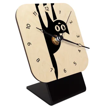 Cat upside down, Quartz Table clock in natural wood (10cm)