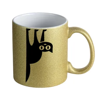 Cat upside down, Κούπα Χρυσή Glitter που γυαλίζει, κεραμική, 330ml