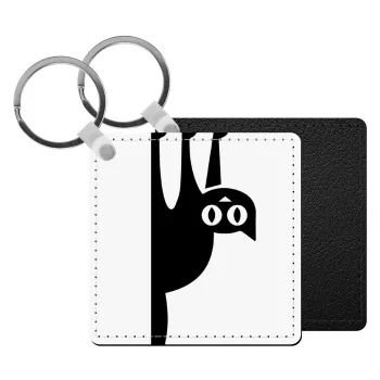 Cat upside down, Μπρελόκ Δερματίνη, τετράγωνο ΜΑΥΡΟ (5x5cm)