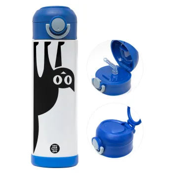 Cat upside down, Παιδικό παγούρι θερμό, ανοξείδωτο, με καλαμάκι ασφαλείας, ΜΠΛΕ (500ml)