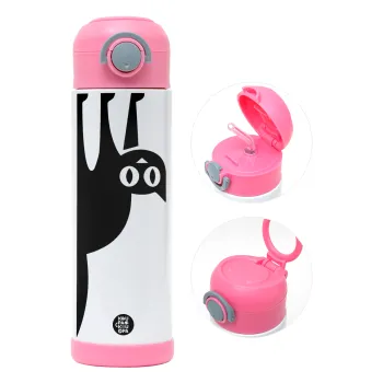 Cat upside down, Children's hot water bottle, stainless steel, with safety straw, PINK (500ml)