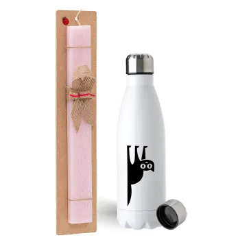 Cat upside down, Easter Set, metallic stainless steel water bottle (750ml) & scented flat Easter candle (30cm) (PINK)