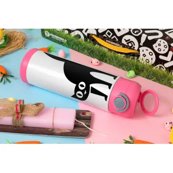 Cat upside down, Easter candle, Childrens hot water bottle, stainless steel, with safety straw, PINK (500ml)