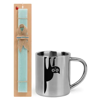 Cat upside down, Easter Set, metallic thermal cup (300ml) & aromatic flat Easter candle (30cm) (TURQUOISE)