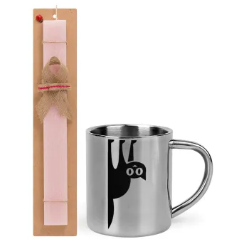 Cat upside down, Easter Set, metallic thermal cup (300ml) & aromatic flat Easter candle (30cm) (PINK)