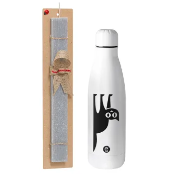 Cat upside down, Easter Set, metallic stainless thermos bottle (500ml) & scented flat Easter candle (30cm) (GRAY)