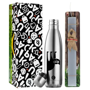 Cat upside down, Easter Set, metallic stainless thermos flask (500ml) & scented flat Easter candle (30cm) (GRAY)