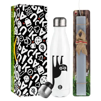 Cat upside down, Easter candle, metallic white thermos bottle (500ml) & aromatic flat candle (30cm) (GRAY)