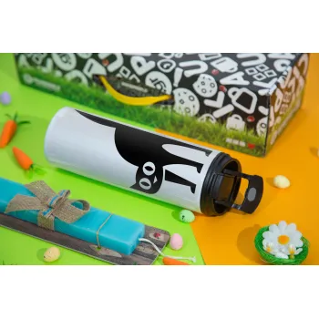 Cat upside down, Πασχαλινή Λαμπάδα με Travel Tumbler θερμό με διπλό καπάκι (600ml, BPA free) & κερί αρωματικό πλακέ (30cm) (ΤΙΡΚΟΥΑΖ)