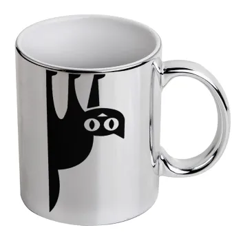 Cat upside down, Mug ceramic, silver mirror, 330ml