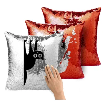 Cat upside down, Μαξιλάρι καναπέ Μαγικό Κόκκινο με πούλιες 40x40cm περιέχεται το γέμισμα