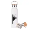 Μεταλλικό παγούρι θερμός (Stainless steel) Λευκό με ξύλινο καπάκι (bamboo), διπλού τοιχώματος, 750ml