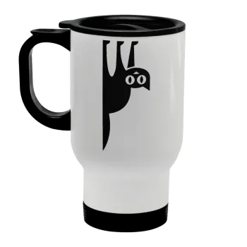 Cat upside down, Κούπα ταξιδιού ανοξείδωτη με καπάκι, διπλού τοιχώματος (θερμό) λευκή 450ml