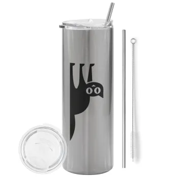 Cat upside down, Tumbler stainless steel Silver 600ml, with metal straw & cleaning brush