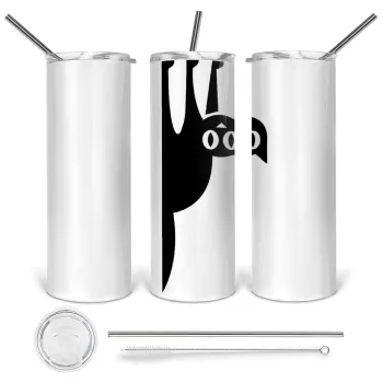 Cat upside down, Tumbler ποτήρι θερμό από ανοξείδωτο ατσάλι 600ml, με μεταλλικό καλαμάκι & βούρτσα καθαρισμού