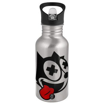 helix the cat, Water bottle Silver with straw, stainless steel 500ml